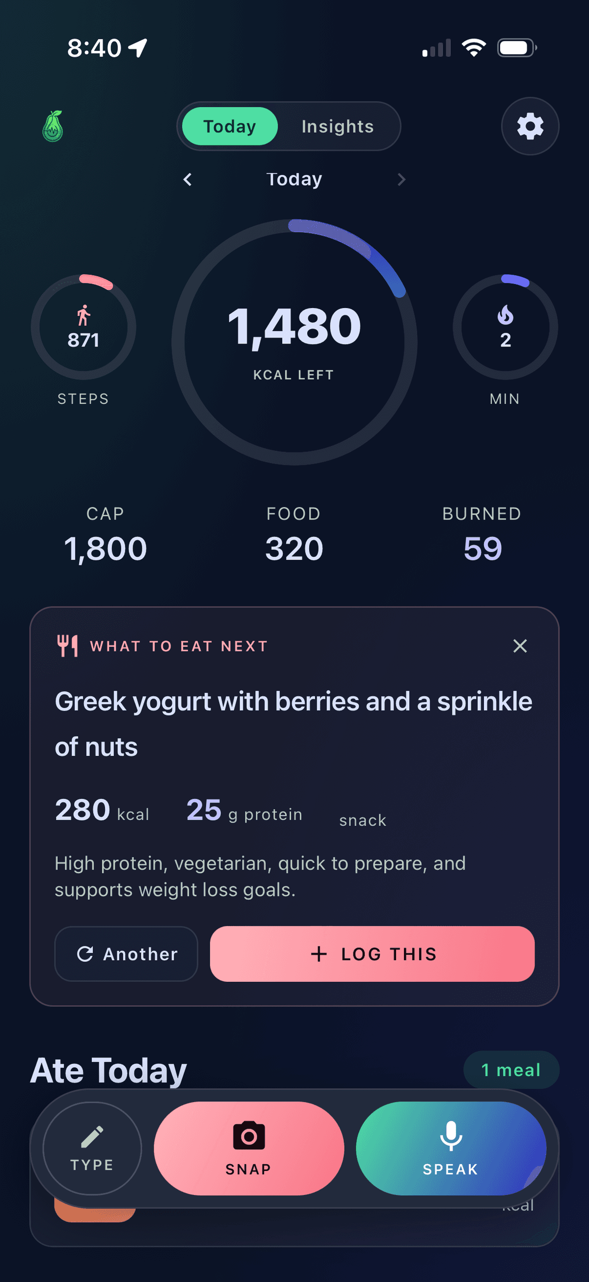 FoodCal dashboard showing calorie ring and daily activity